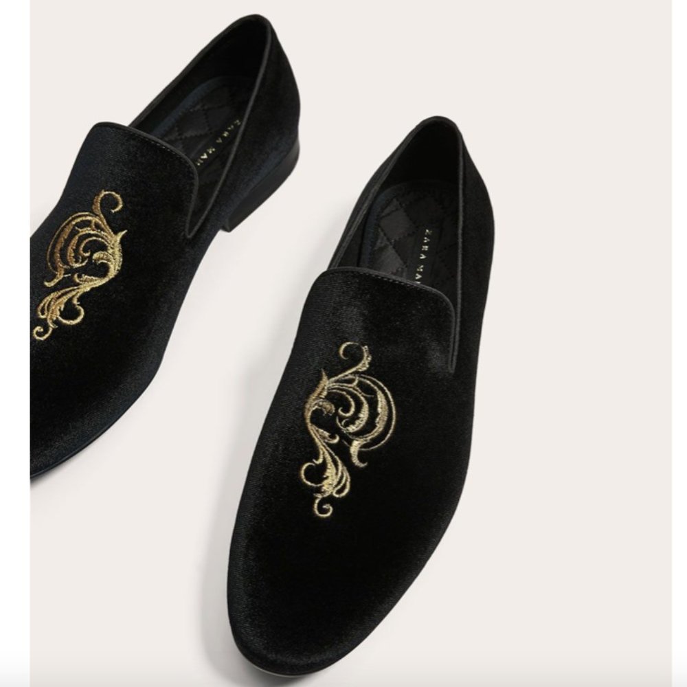 Zara Men Velvet Smoking Loafers Gold Embroidery